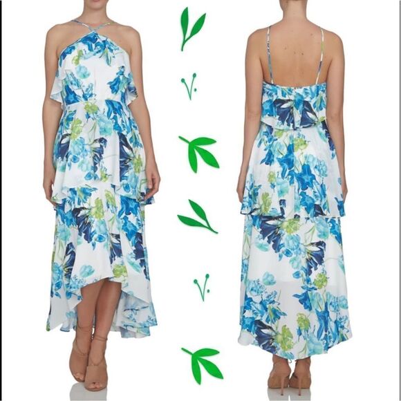 NWT CeCe Floral Ruffle Tier Halter Playa Del Sol Dress 0 - Picture 1 of 6